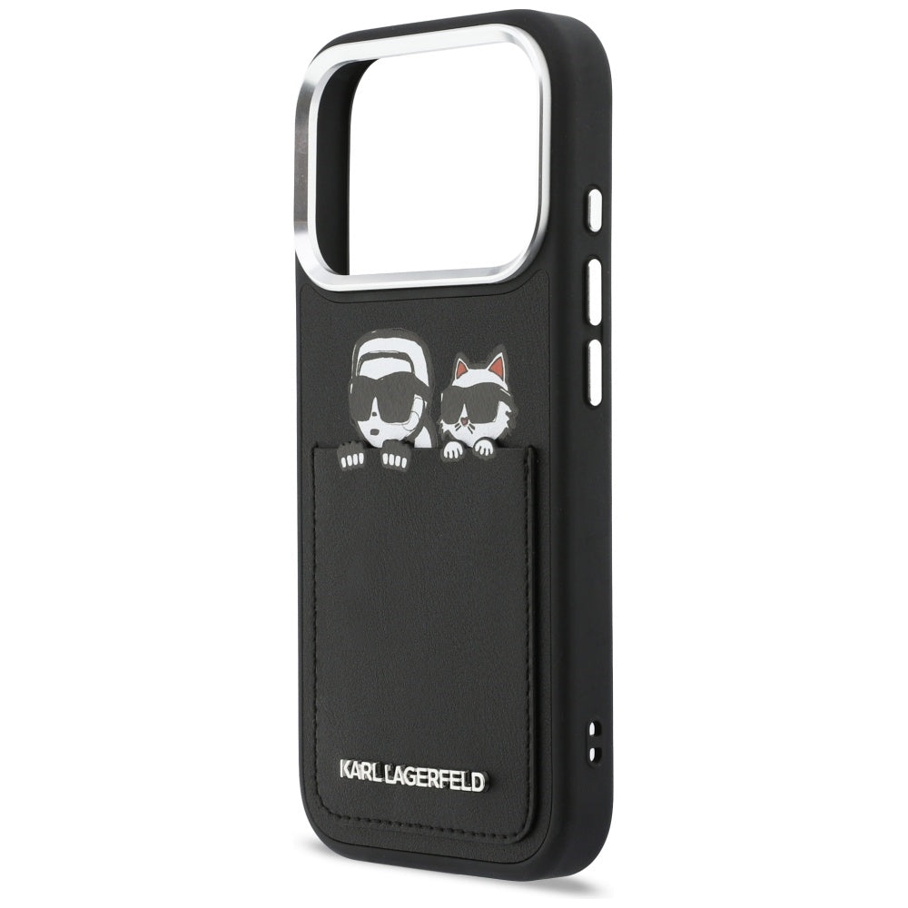 Custodia per Apple iPhone 17 Pro Max, Karl Lagerfeld, Karl & Choupette Print con tasca, Nera