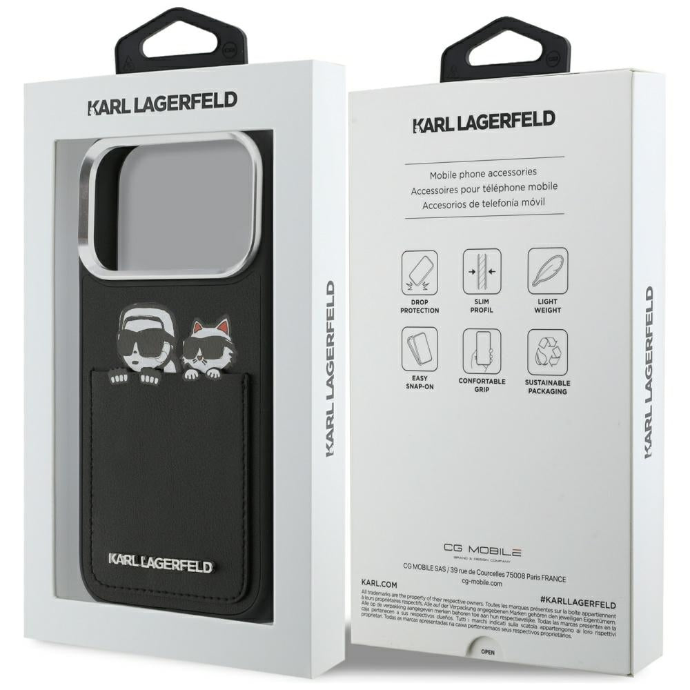 Custodia per Apple iPhone 17 Pro Max, Karl Lagerfeld, Karl & Choupette Print con tasca, Nera