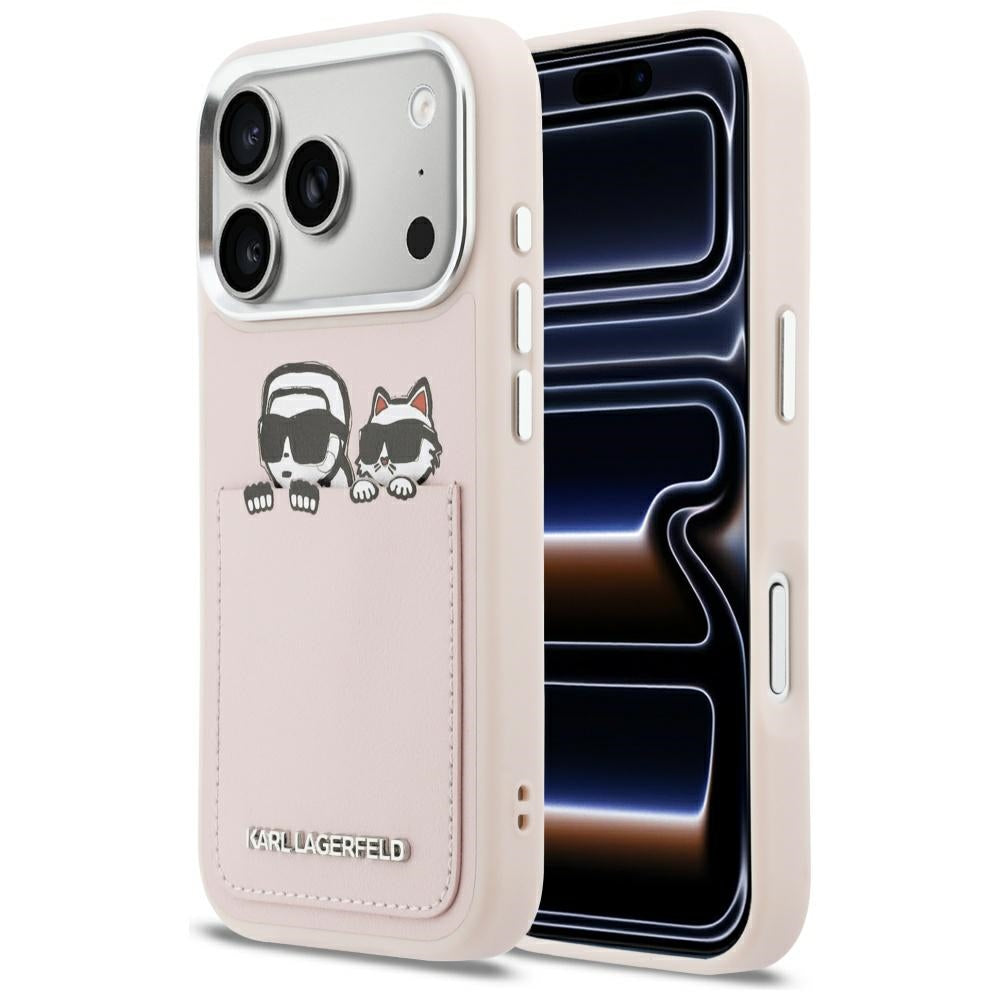 Custodia per Apple iPhone 17 Pro Max, Karl Lagerfeld, Karl & Choupette Print with Pocket, Rosa