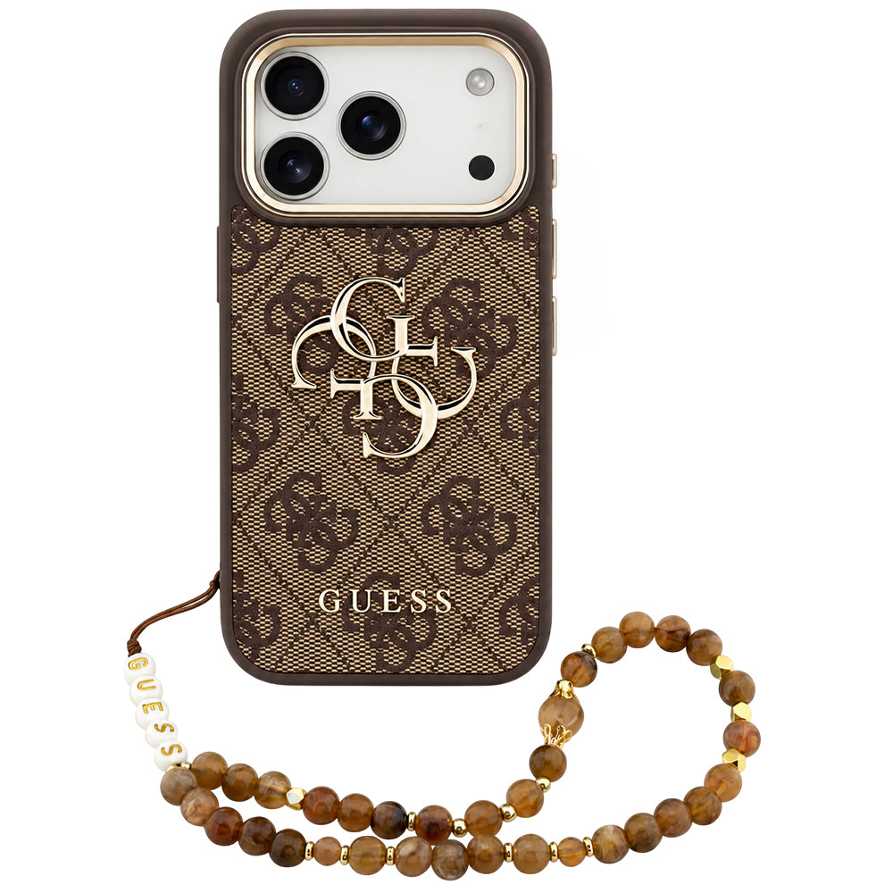 Custodia per Apple iPhone 18 Pro / 17 Pro, Guess, 4G Classic Logo with Strap, marrone dorato