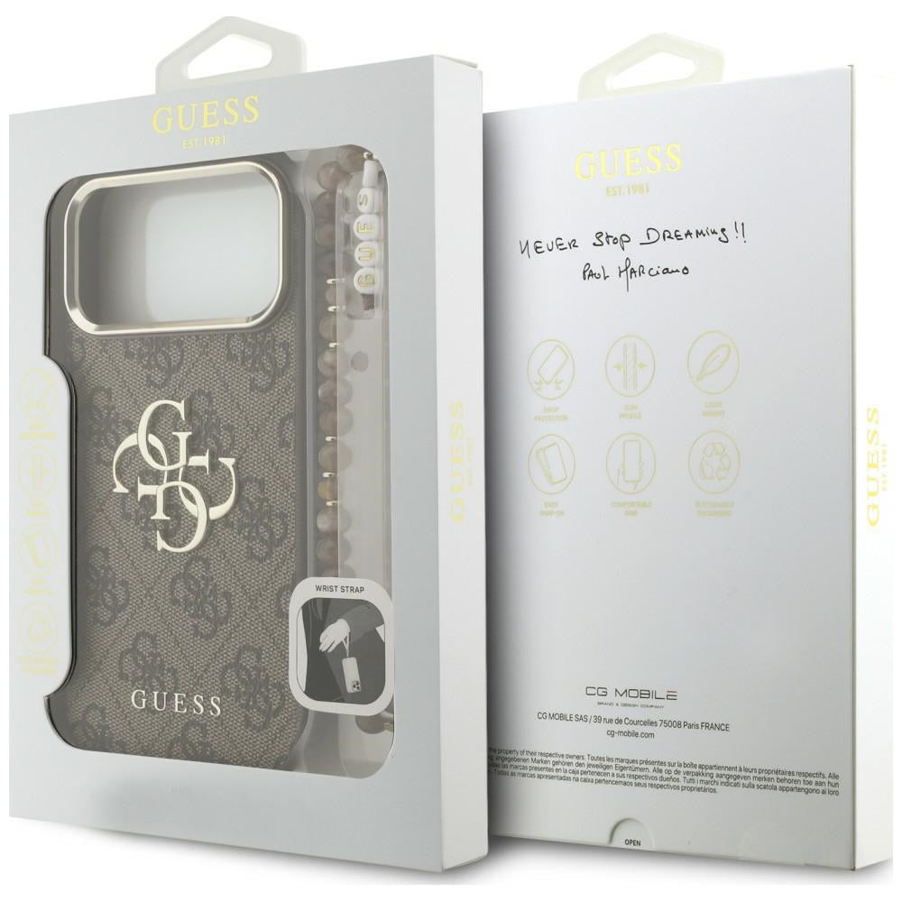 Custodia per Apple iPhone 18 Pro / 17 Pro, Guess, 4G Classic Logo with Strap, marrone dorato