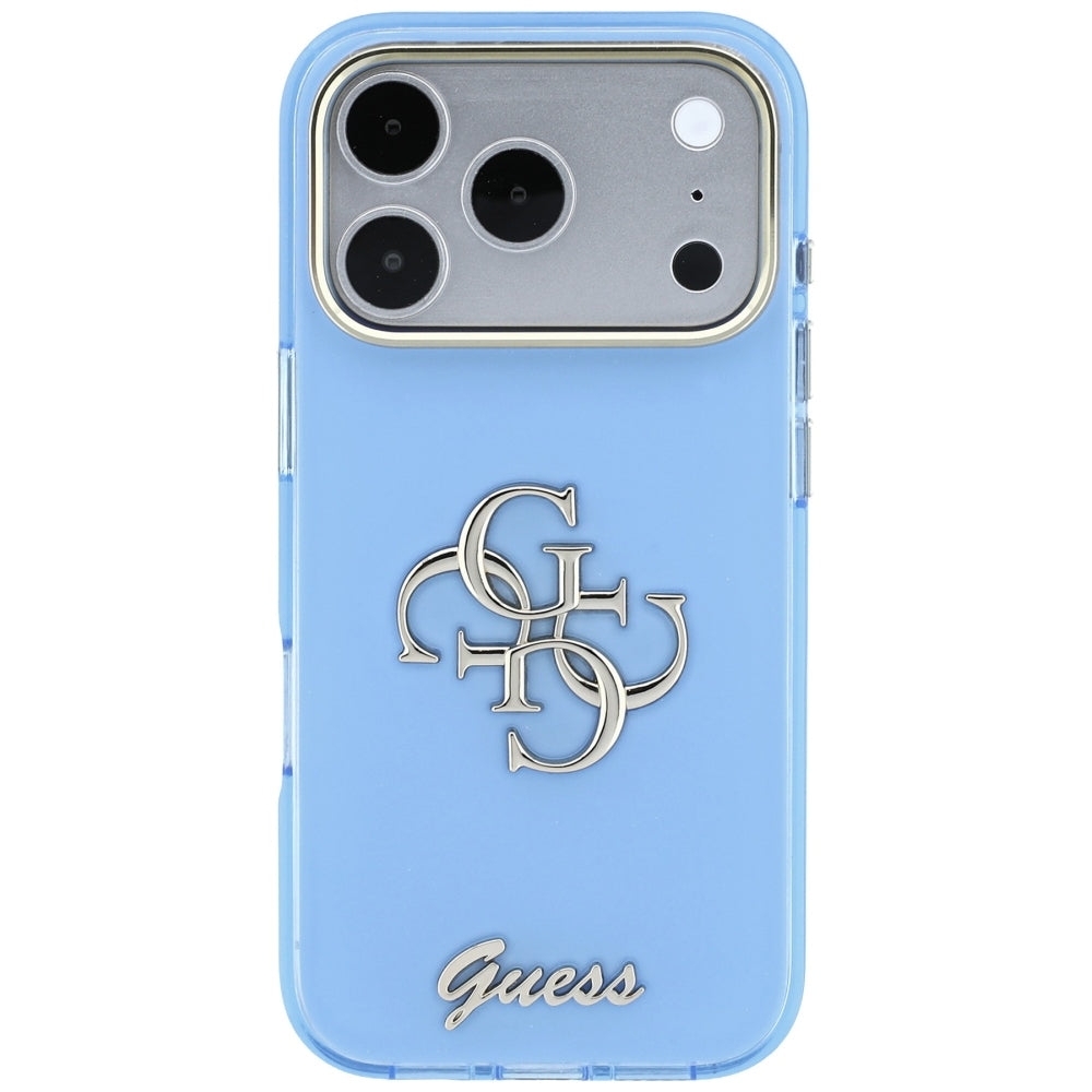 Custodia per Apple iPhone 18 Pro / 17 Pro, Guess, IML 4G Metal Script, Blu