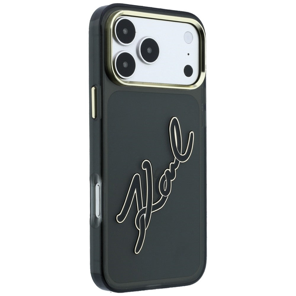 Custodia per Apple iPhone 18 Pro / 17 Pro, Karl Lagerfeld, IML Big Signature Resin Logo e Cornice in Metallo, Nera