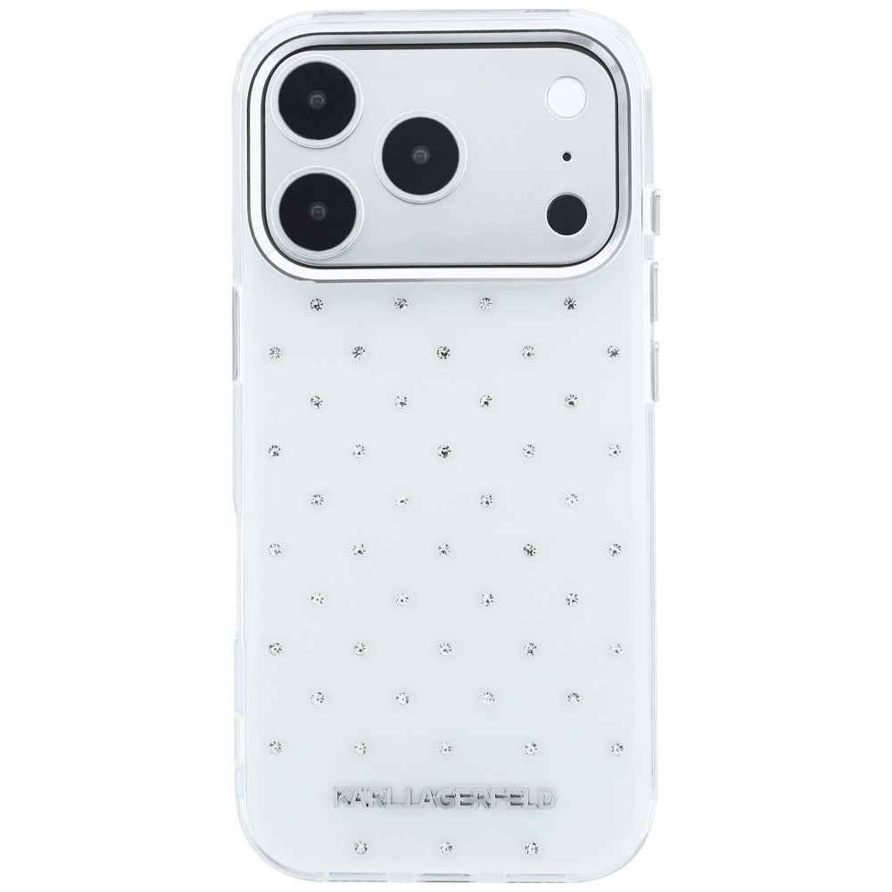 Custodia per Apple iPhone 18 Pro / 17 Pro, Karl Lagerfeld, IML Strass e Logo Elettrodeposto, Bianca