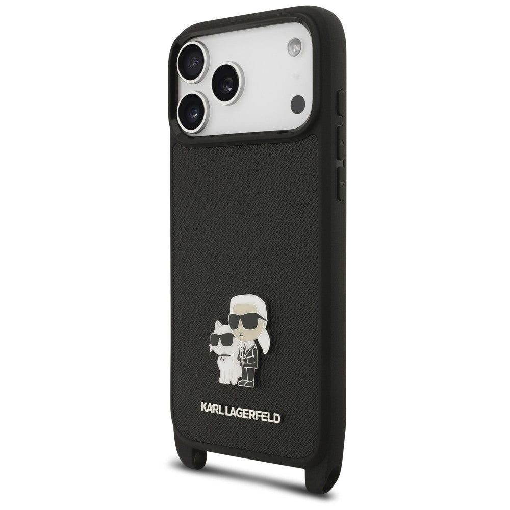 Custodia per Apple iPhone 18 Pro / 17 Pro, Karl Lagerfeld, Saffiano Crossbody Metal Pin Karl & Choupette, nera