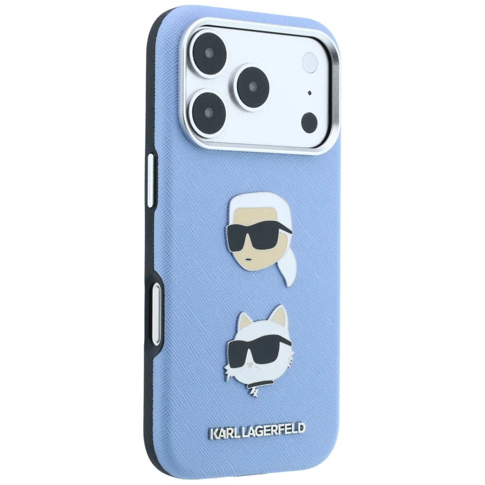 Custodia per Apple iPhone 18 Pro / 17 Pro, Karl Lagerfeld, Saffiano con spilla con le teste di Karl e Choupette e logo, blu