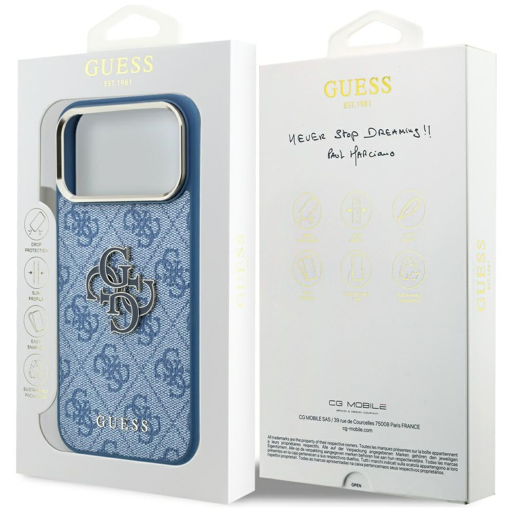 Custodia per Apple iPhone 18 Pro Max / 17 Pro Max, Guess, Logo 4G Grande in Resina, Blu