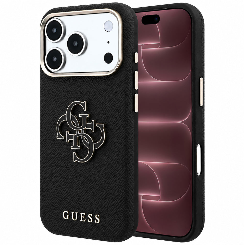 Custodia per Apple iPhone 18 Pro Max / 17 Pro Max, Guess, Logo Grande in Resina Granulata, Nera