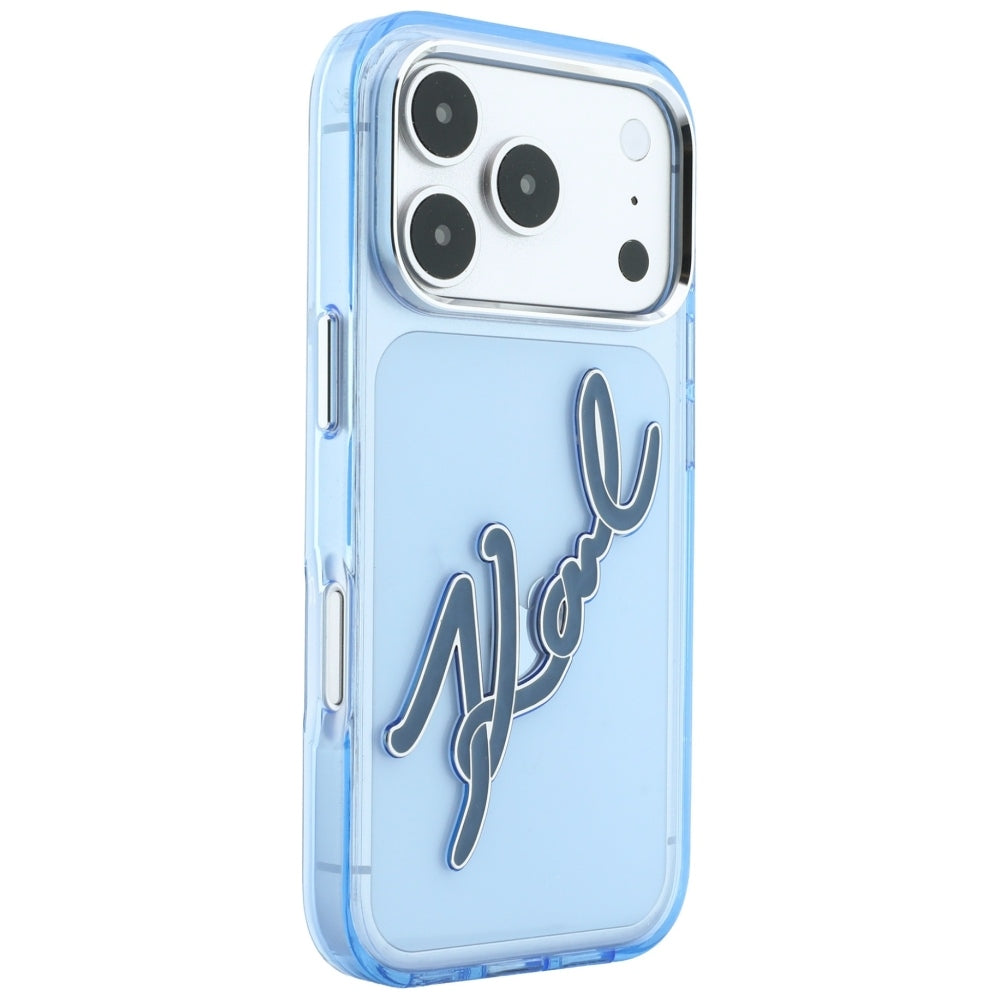 Custodia per Apple iPhone 18 Pro Max / 17 Pro Max, Karl Lagerfeld, IML Big Signature Resin Logo Cornice in Metallo, Blu