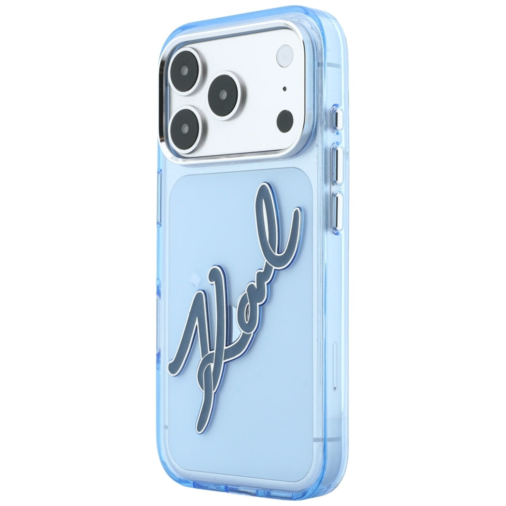 Custodia per Apple iPhone 18 Pro Max / 17 Pro Max, Karl Lagerfeld, IML Big Signature Resin Logo Cornice in Metallo, Blu