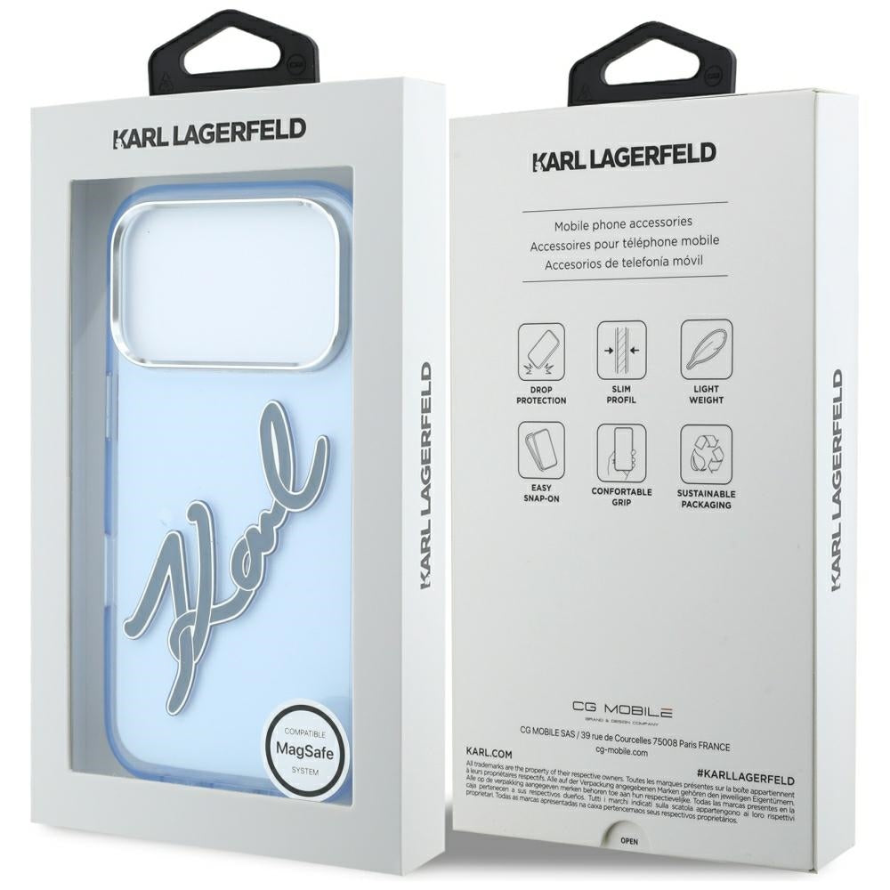 Custodia per Apple iPhone 18 Pro Max / 17 Pro Max, Karl Lagerfeld, IML Big Signature Resin Logo Cornice in Metallo, Blu