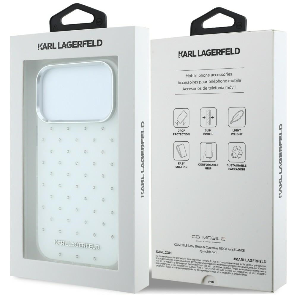 Custodia per Apple iPhone 18 Pro Max / 17 Pro Max, Karl Lagerfeld, IML Strass e Logo Elettrodeposto, Bianca