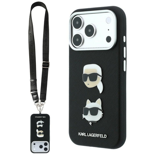Custodia per Apple iPhone 18 Pro Max / 17 Pro Max, Karl Lagerfeld, Saffiano Crossbody Karl & Choupette Head's Pins Logo, nera