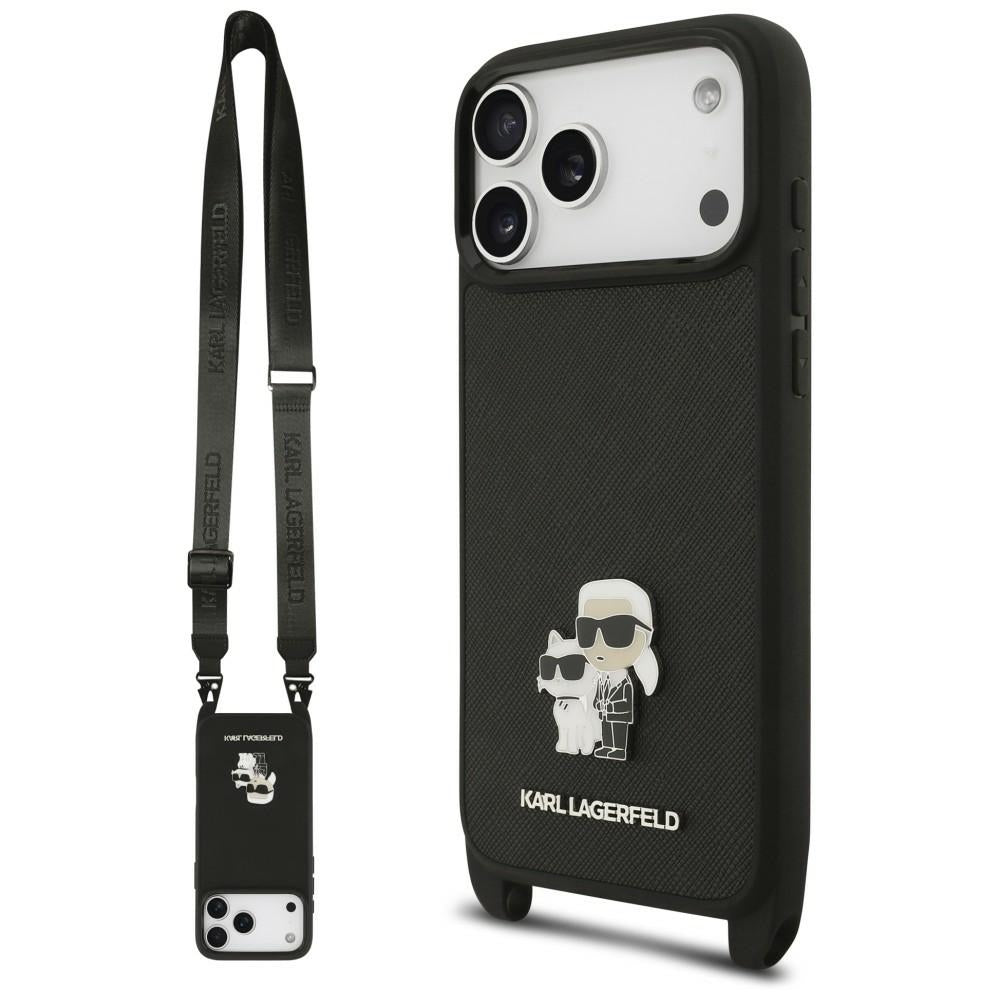 Custodia per Apple iPhone 18 Pro Max / 17 Pro Max, Karl Lagerfeld, Saffiano Crossbody Metal Pin Karl & Choupette, nera