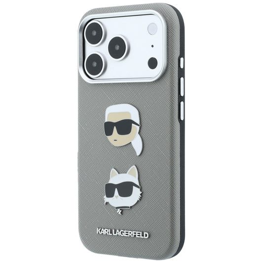 Custodia per Apple iPhone 18 Pro Max / 17 Pro Max, Karl Lagerfeld, Saffiano con spilla con le teste di Karl e Choupette e logo, grigia