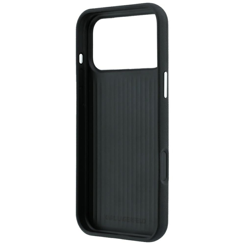 Custodia per Apple iPhone 18 Pro Max / 17 Pro Max, Karl Lagerfeld, Saffiano con Spilla Testa di Karl & Choupette e Logo, Nera