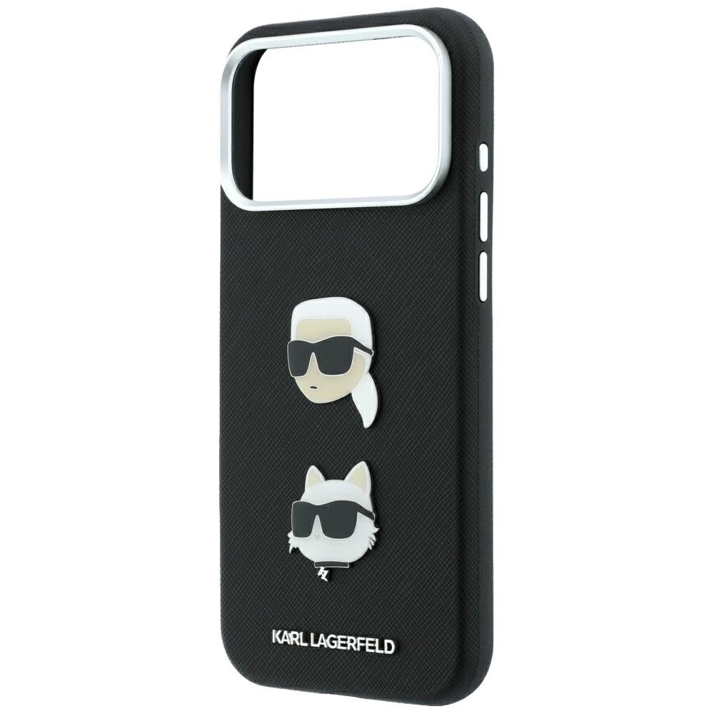 Custodia per Apple iPhone 18 Pro Max / 17 Pro Max, Karl Lagerfeld, Saffiano con Spilla Testa di Karl & Choupette e Logo, Nera