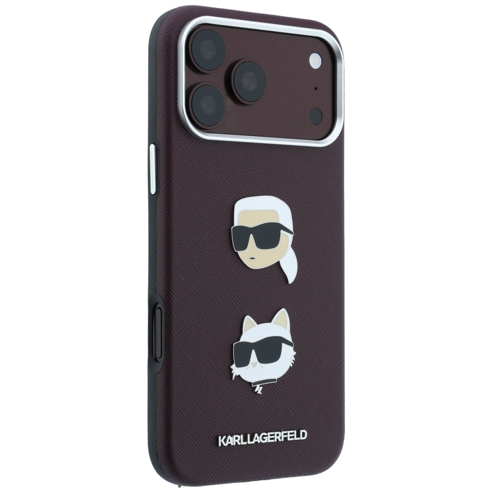 Custodia per Apple iPhone 18 Pro Max / 17 Pro Max, Karl Lagerfeld, Saffiano con Spilla Testa di Karl & Choupette e Logo, Vinaccia