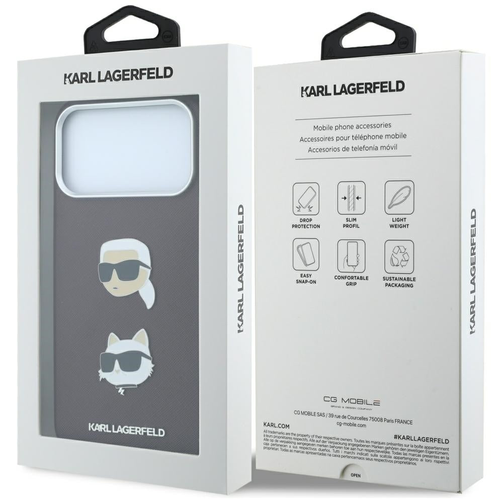 Custodia per Apple iPhone 18 Pro Max / 17 Pro Max, Karl Lagerfeld, Saffiano con Spilla Testa di Karl & Choupette e Logo, Vinaccia