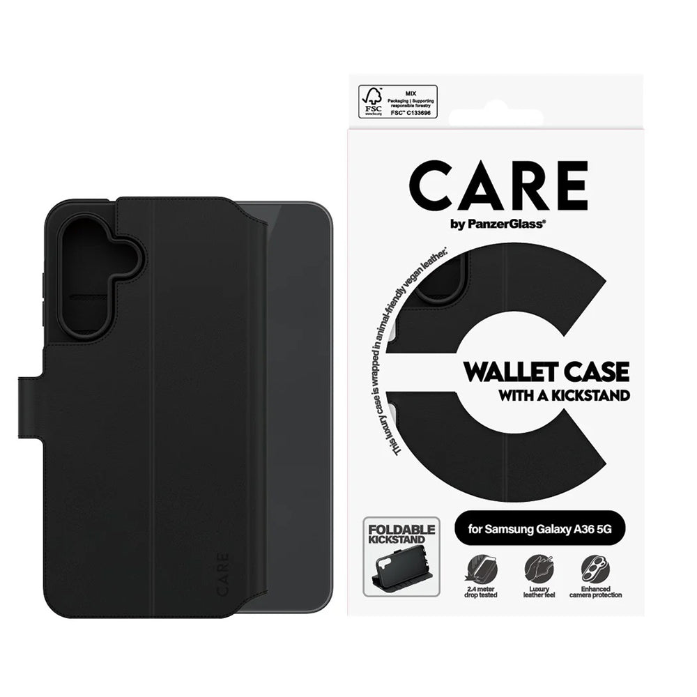 Custodia per Samsung Galaxy A36 A366, PanzerGlass, Care Feature Kickstand Wallet, Nera
