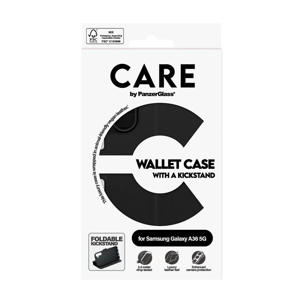Custodia per Samsung Galaxy A36 A366, PanzerGlass, Care Feature Kickstand Wallet, Nera