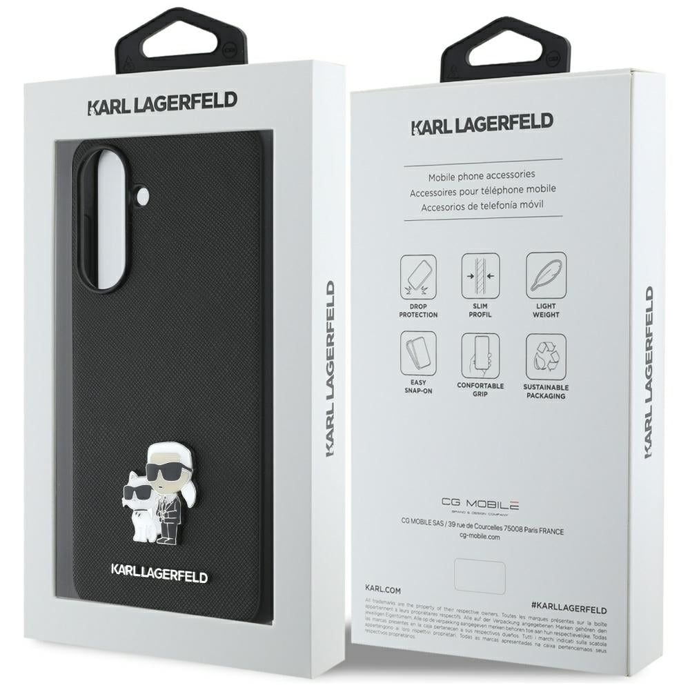 Custodia per Samsung Galaxy A56 A566, Karl Lagerfeld, Saffiano Karl & Choupette Metal, Nera