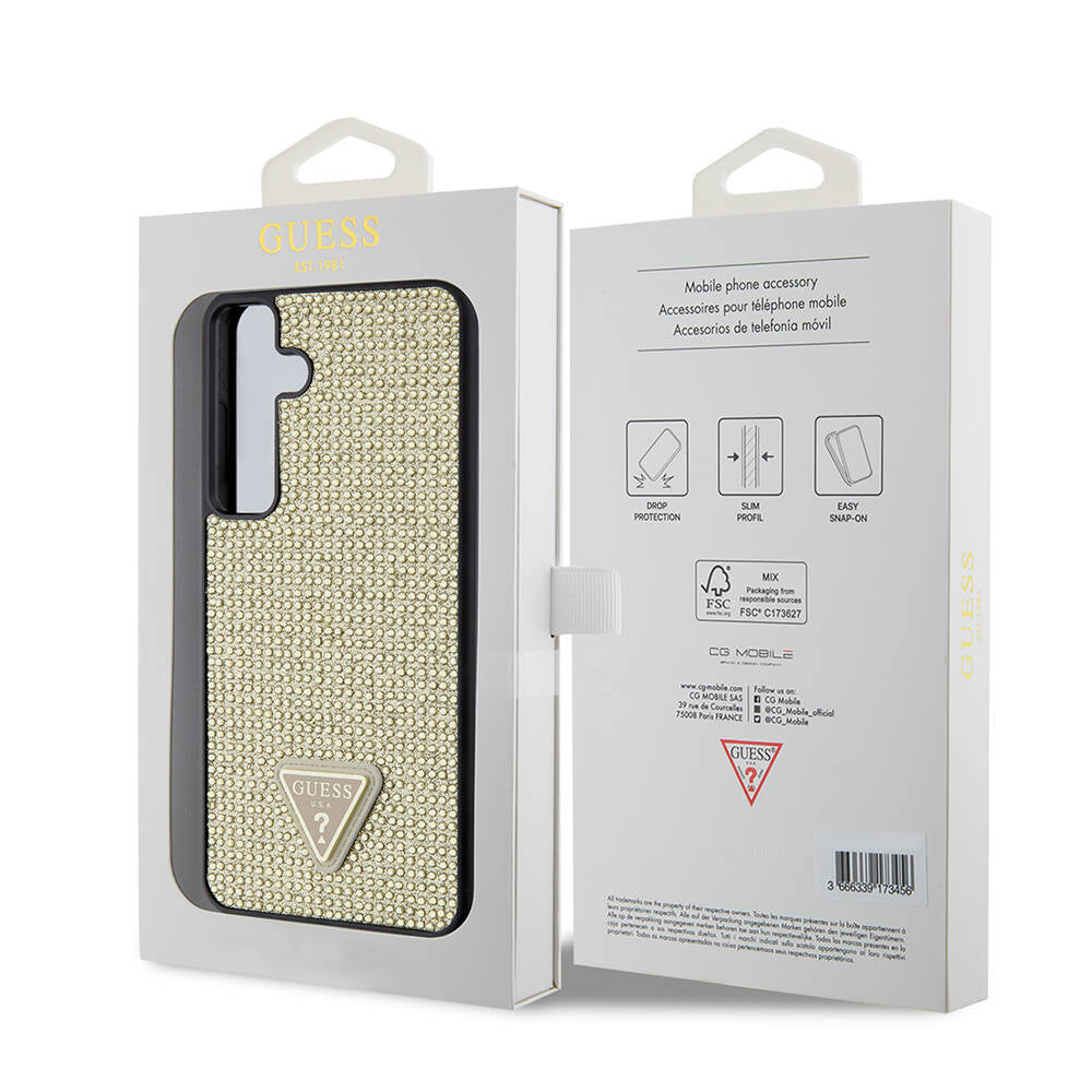 Custodia per Samsung Galaxy S24+ S926, Guess, Rhinestone Triangle Logo, Dorata