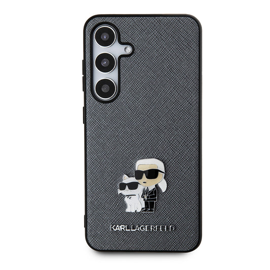 Custodia per Samsung Galaxy S24 S921, Karl Lagerfeld, Saffiano Karl & Choupette Metal, Grigio