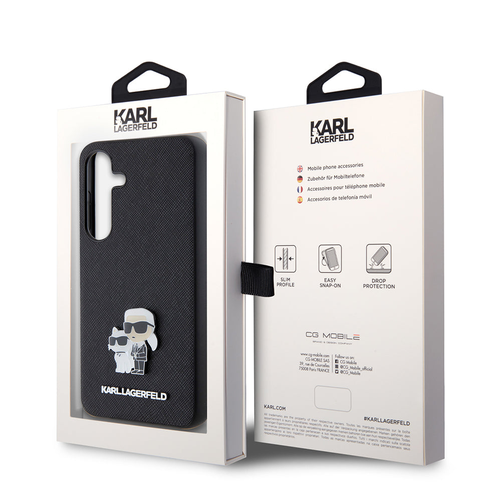 Custodia per Samsung Galaxy S24 S921, Karl Lagerfeld, Saffiano Karl & Choupette Metal, Nera