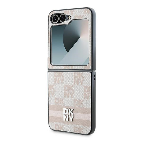 Custodia per Samsung Galaxy Z Flip7 FE F761 / Z Flip6 F741, DKNY, Motivo a Strisce Stampate a Scacchi, Rosa