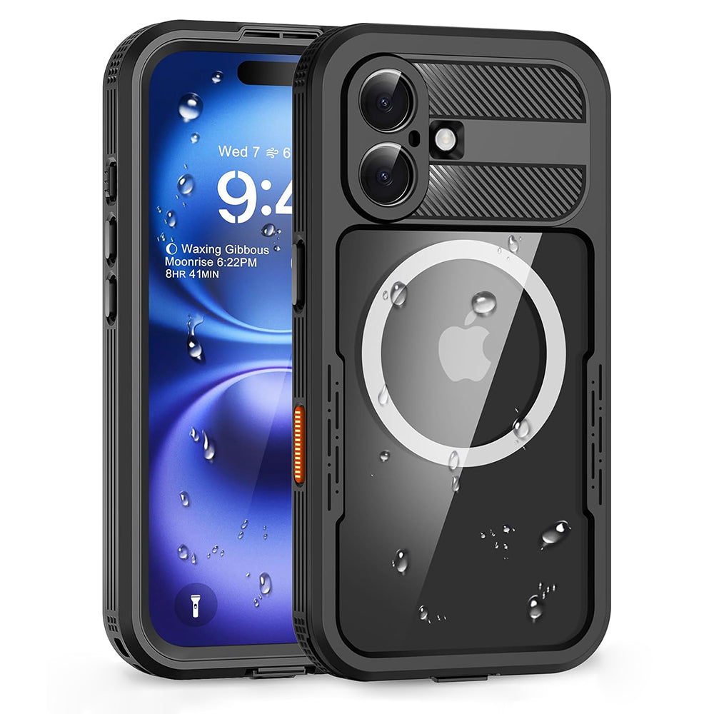 Custodia Waterproof per Apple iPhone 16, ShellBox, Carbonio, Nera
