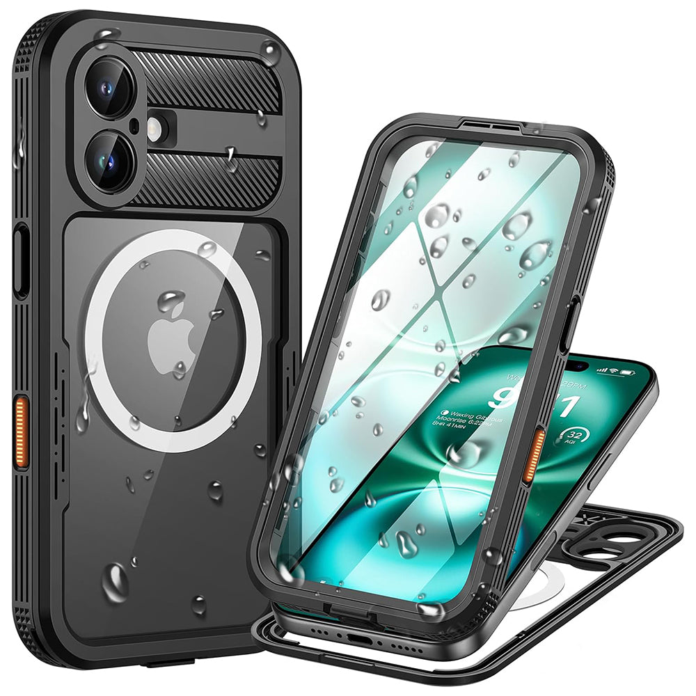 Custodia Waterproof per Apple iPhone 16, ShellBox, Carbonio, Nera