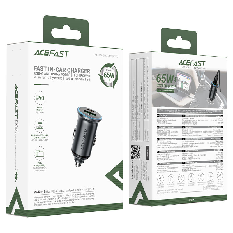 Caricabatterie Auto Acefast B15, 65W, 3.25A, 1 X USB-A - 1 x USB-C, Grigio