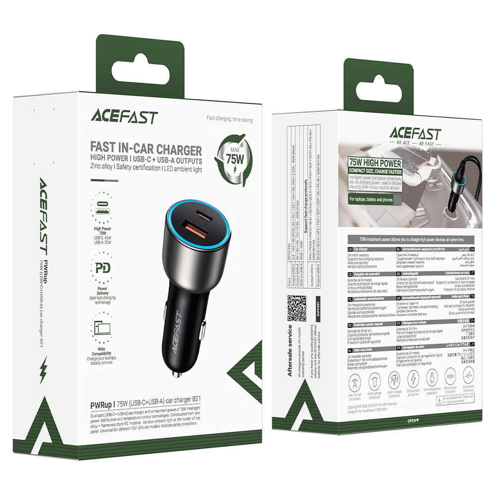 Caricatore Auto Acefast B21, 75W, 3A, 1 x USB-A - 1 x USB-C, Grigio