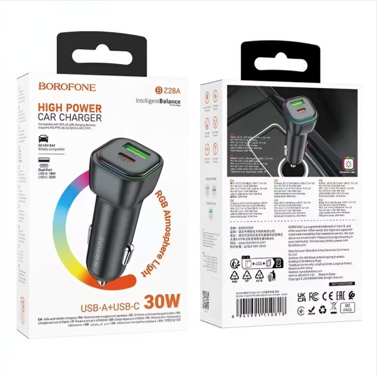 Caricabatterie Auto Borofone BZ28A Trophie, 30W, 3A, 1 x USB-A - 1 x USB-C, Nero