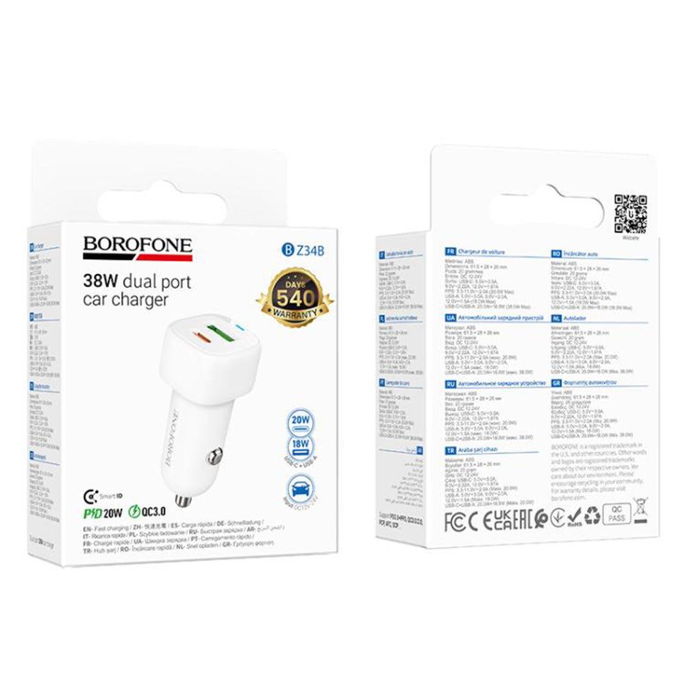 Caricabatterie Auto Borofone BZ34B Cloud, 20W, 3A, 1 x USB-A - 1 x USB-C, Bianco