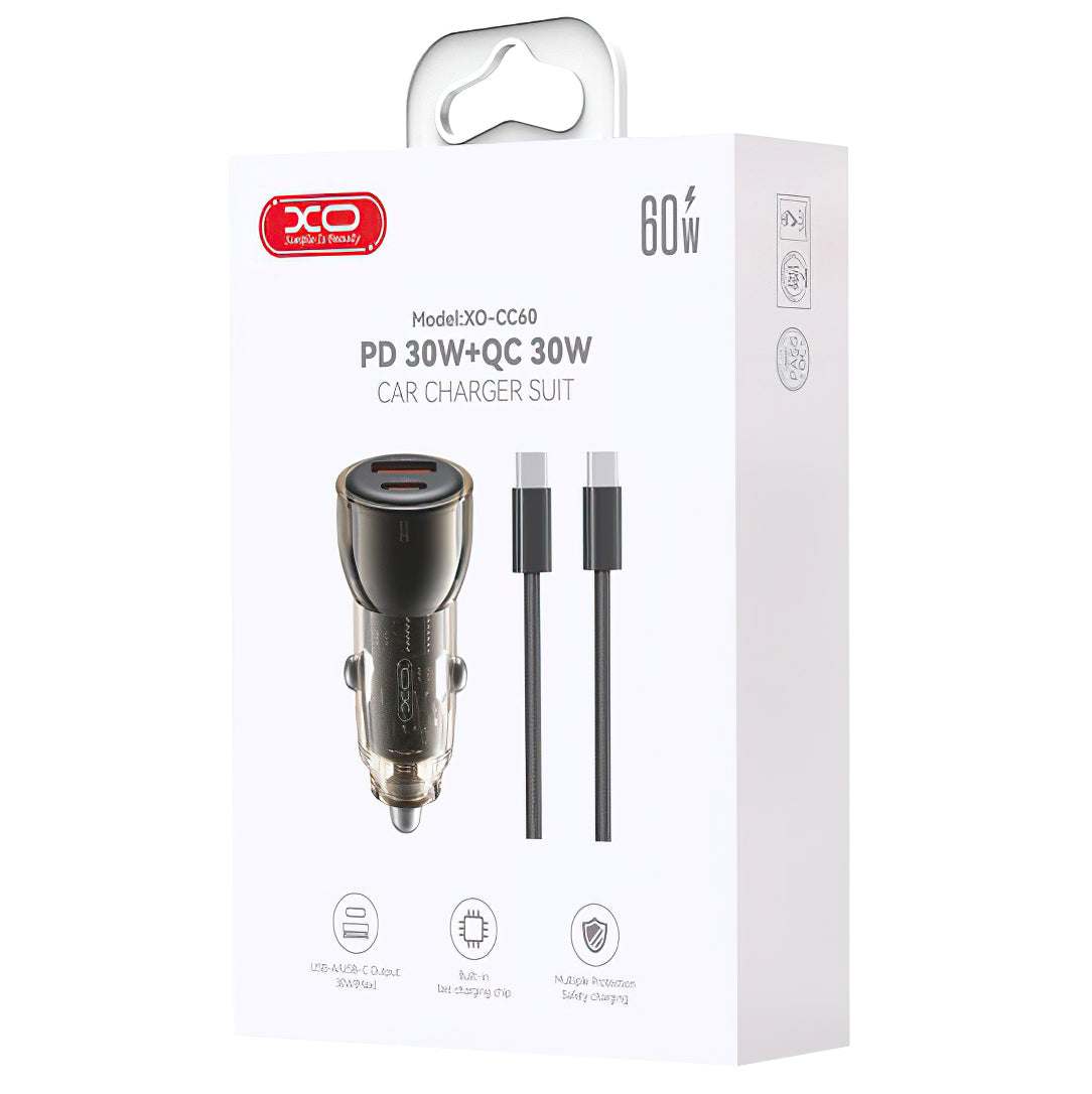 Caricabatterie Auto con Cavo USB-C XO Design CC60, 60W, 3A, 1 x USB-A - 1 x USB-C, Nero