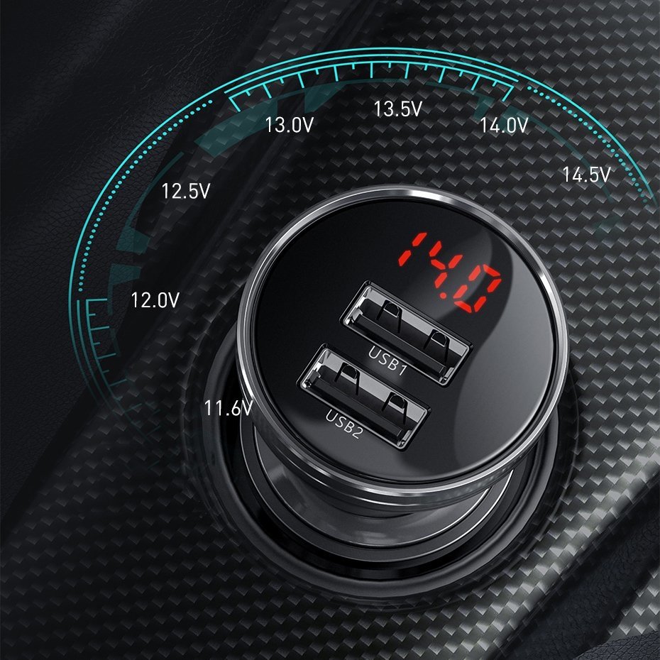 Caricabatterie da auto con cavo Lightning - microUSB - USB-C Display digitale Baseus, 24 W, 2,4 A, 2 x USB-A, grigio TZCCBX-0G