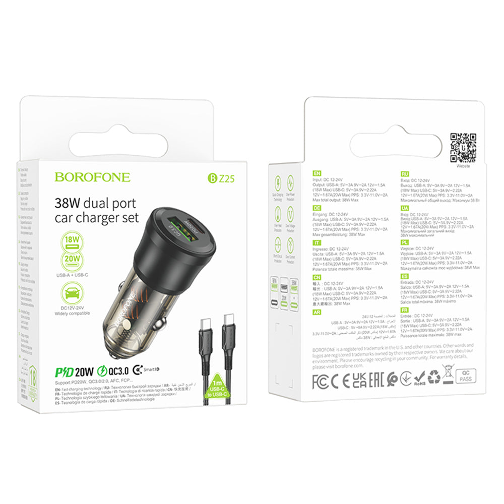 Caricabatterie Auto Con Cavo USB-C Borofone BZ25 Journey, 38W, 3A, 1 x USB-A - 1 x USB-C, Nero