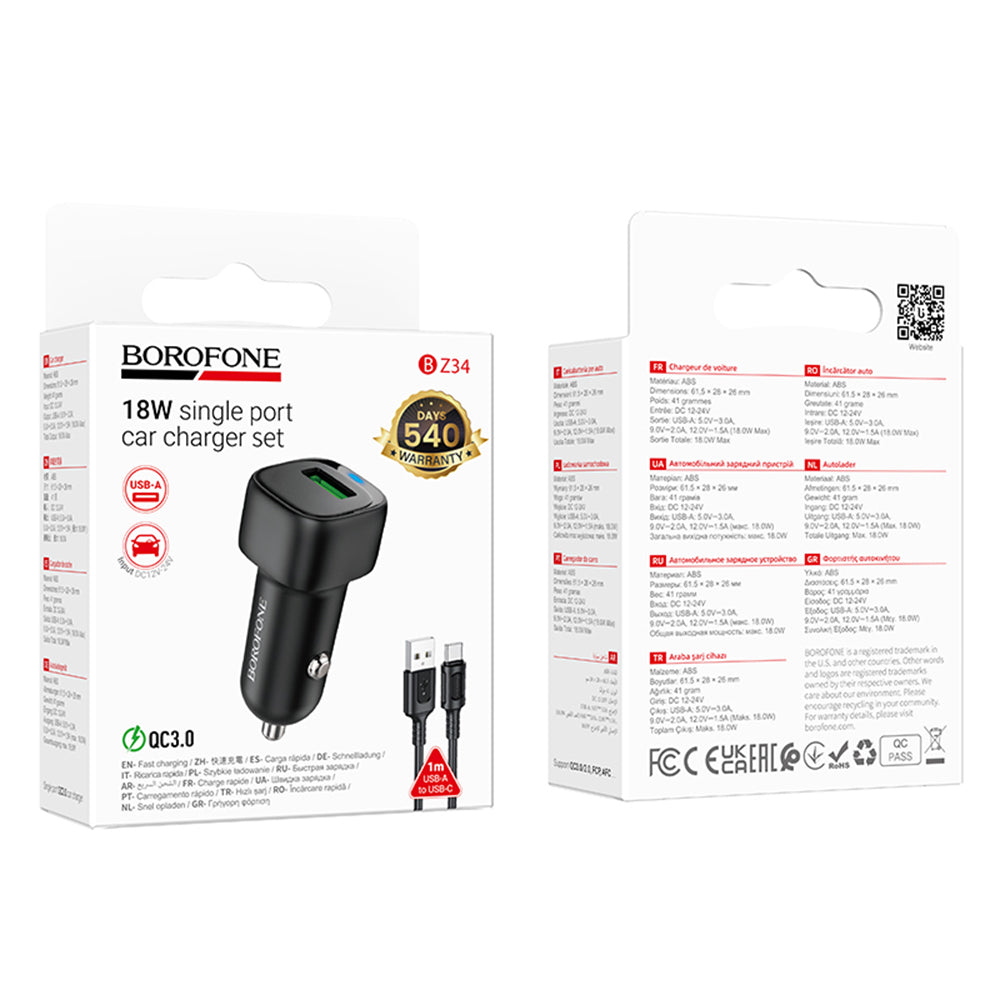 Car Charger with USB-C Cable Borofone BZ34 Cloud, 18W, 3A, 1 x USB-A, Black