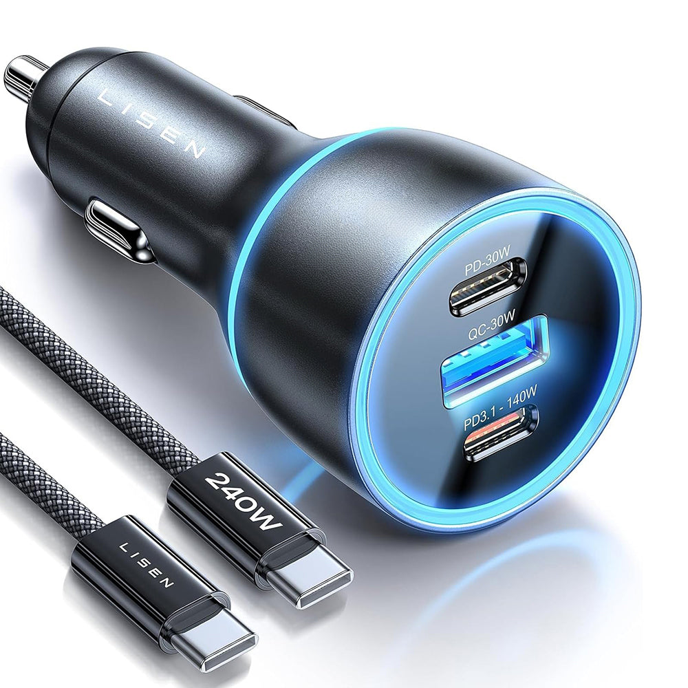 Caricabatterie Auto Con Cavo USB-C Lisen, 170W, 5A, 1 x USB-A - 2 x USB-C, Nero YL0225060006