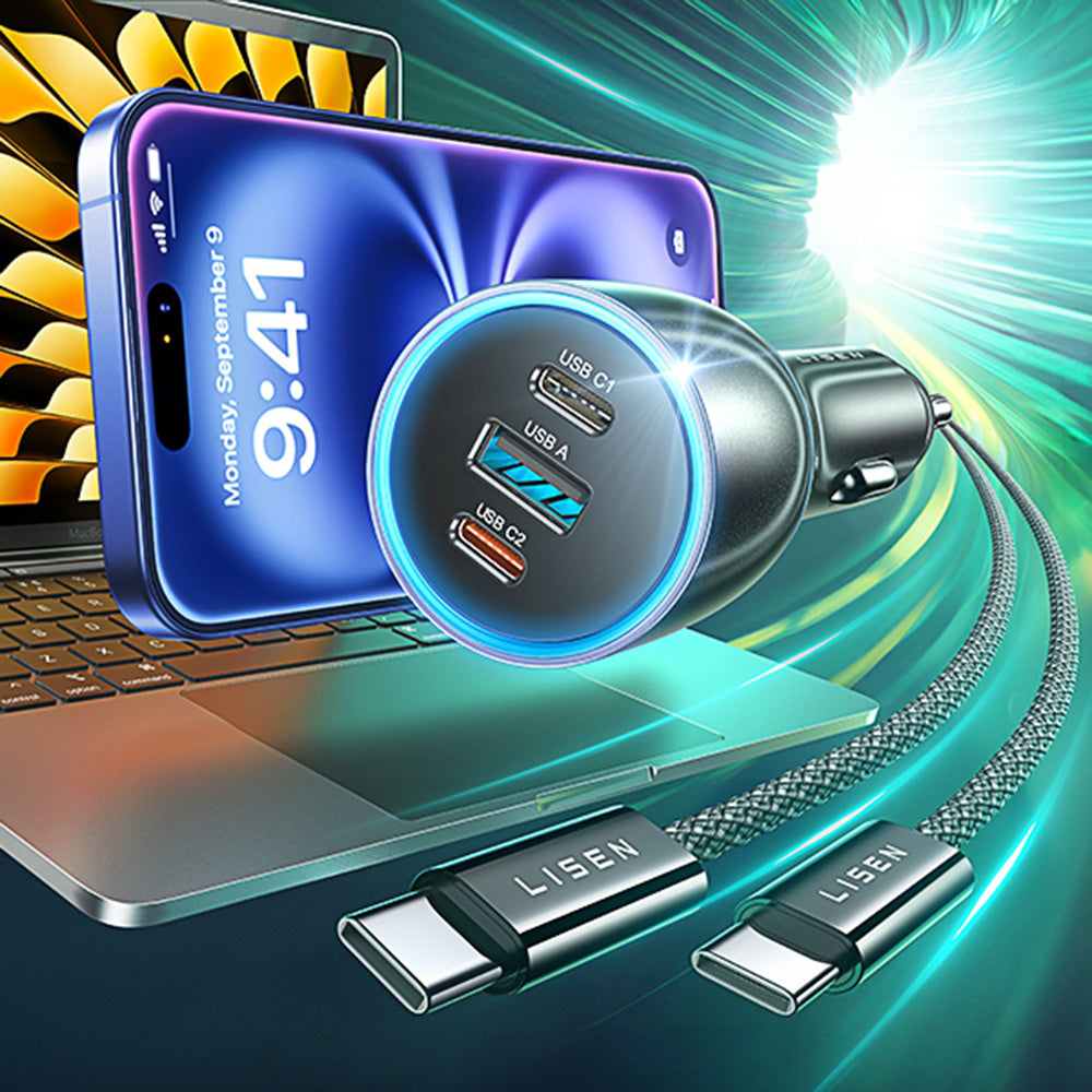 Caricabatterie Auto Con Cavo USB-C Lisen, 170W, 5A, 1 x USB-A - 2 x USB-C, Nero YL0225060006