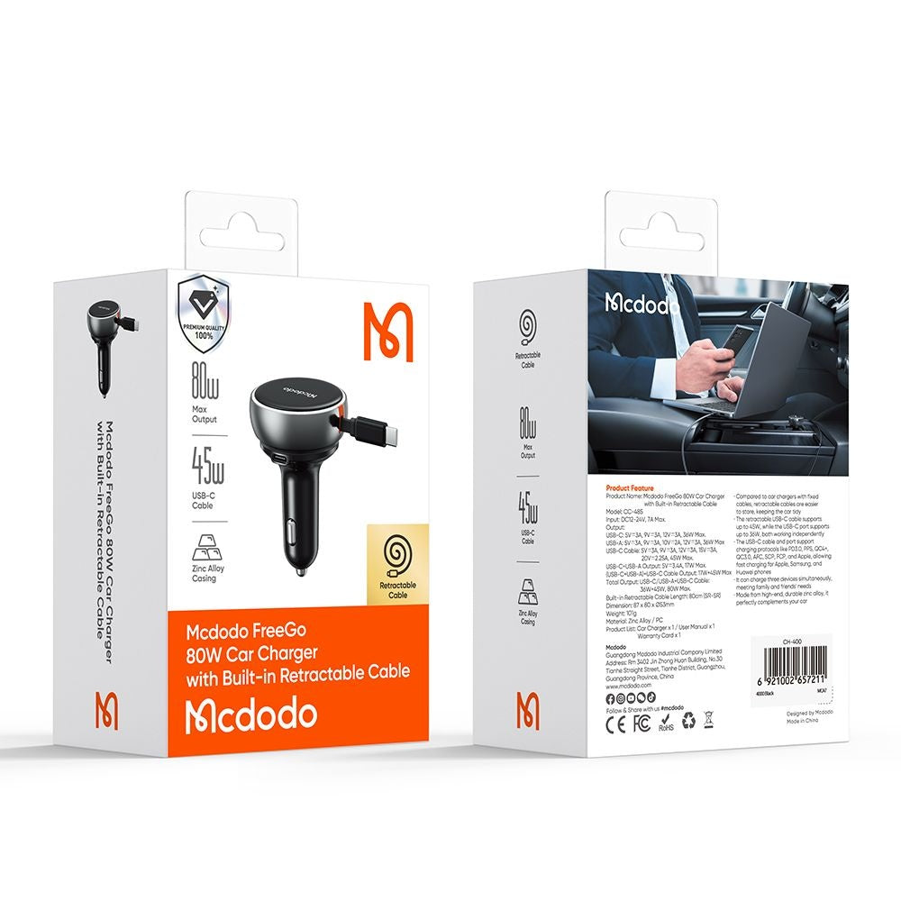 Caricabatterie Auto Con Cavo USB-C McDodo CC-4850, 80W, 3A, 1 x USB-A - 1 x USB-C, Nero