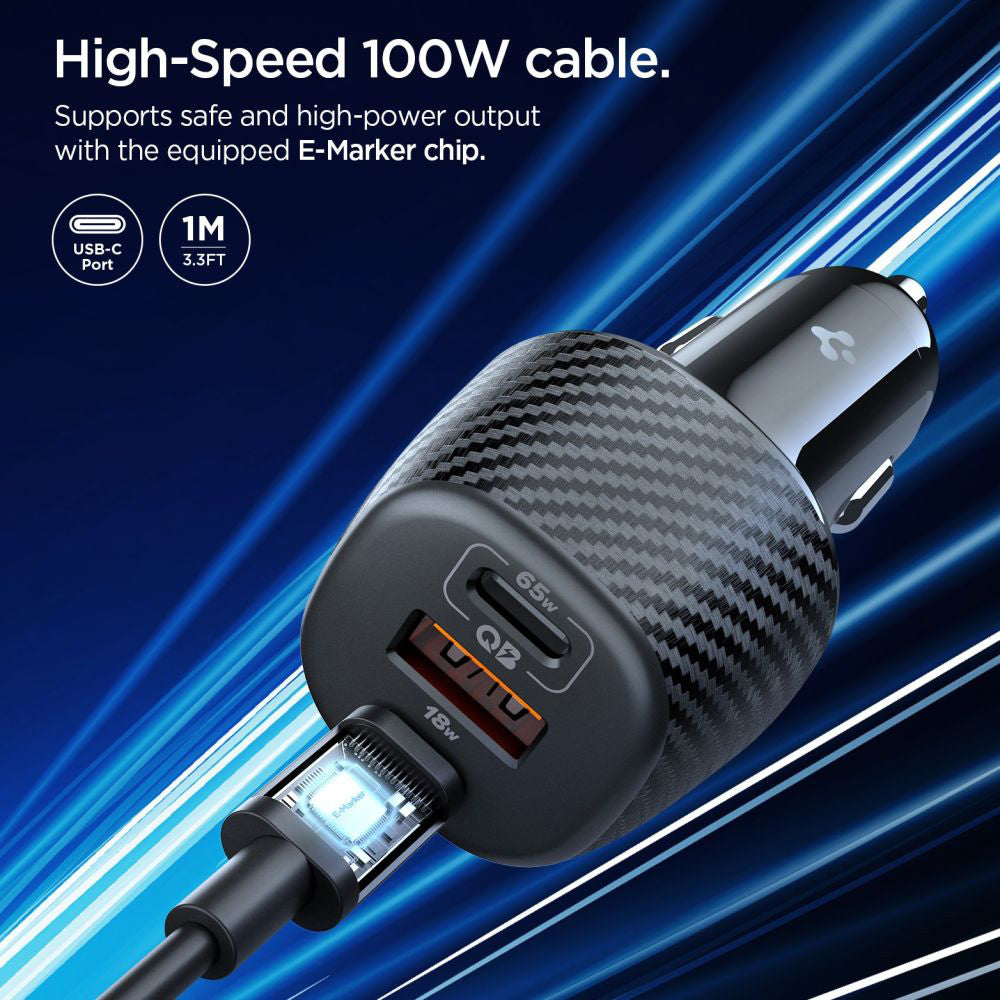 Caricabatterie Auto con Cavo USB-C Spigen EV1133, 113W, 3.25A, 1 x USB-A - 2 x USB-C, Nero