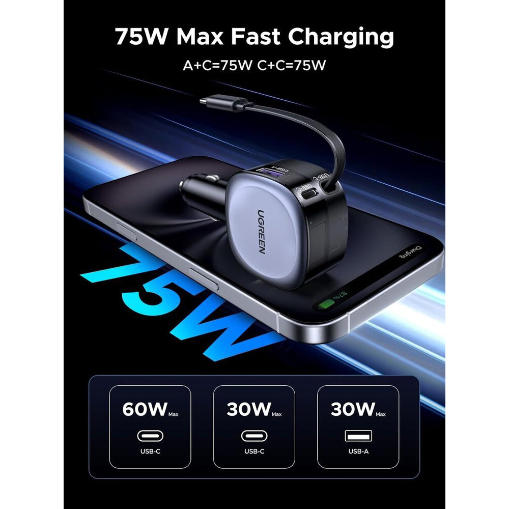 Caricabatterie Auto Con Cavo USB-C UGREEN EC601, 75W, 3A, 1 x USB-A - 1 x USB-C, Grigio