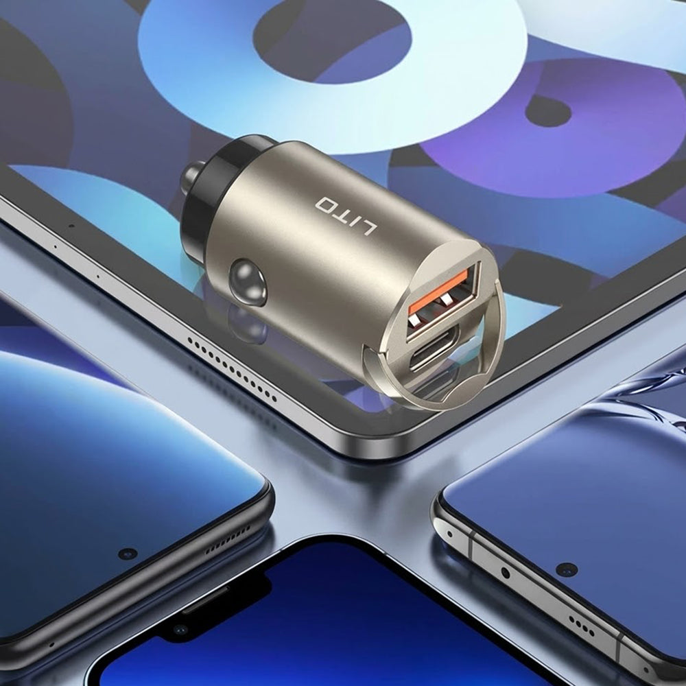 Caricabatterie Auto Lito IN-C03, 30W, 3A, 1 x USB-A - 1 x USB-C, Grigio
