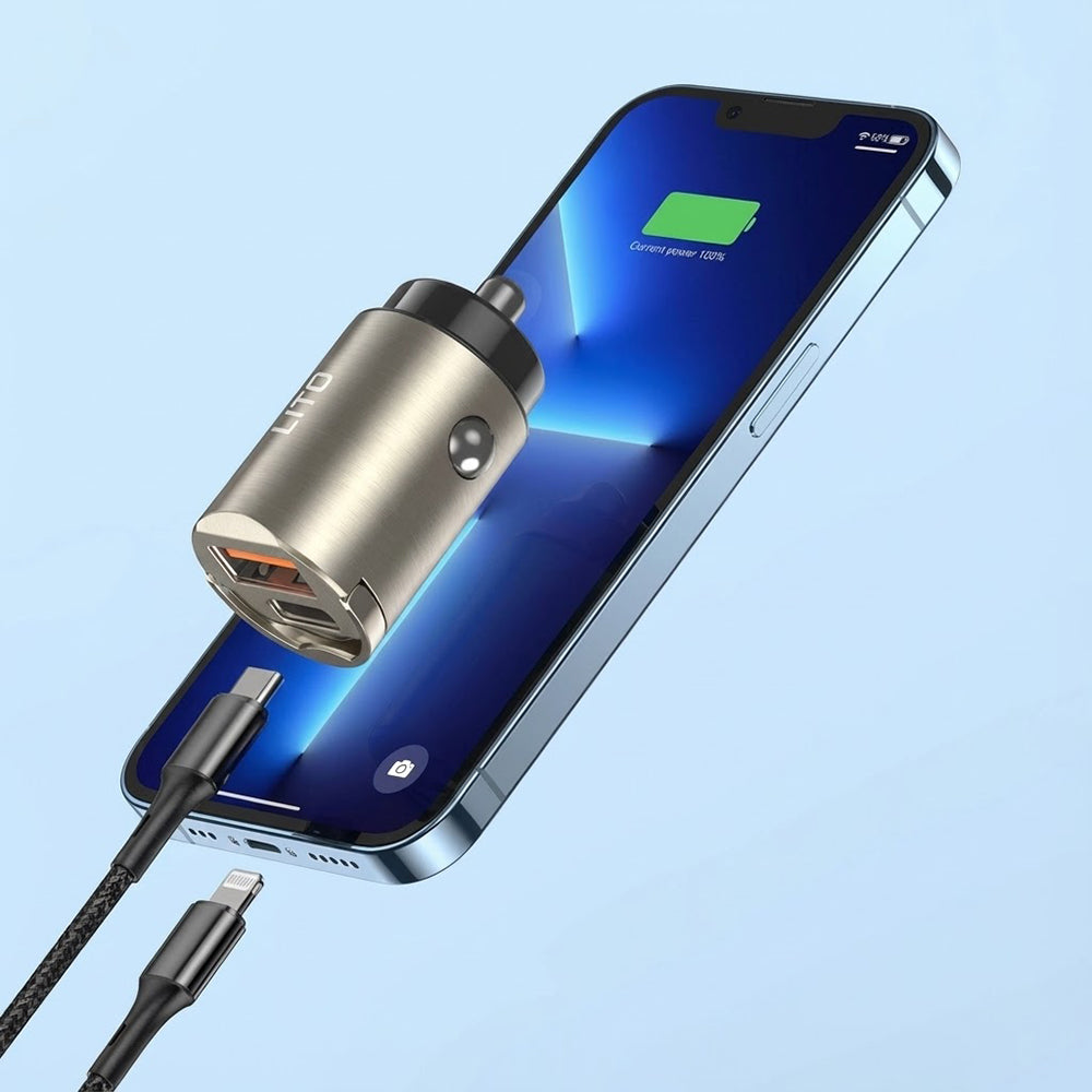 Caricabatterie Auto Lito IN-C03, 30W, 3A, 1 x USB-A - 1 x USB-C, Nero