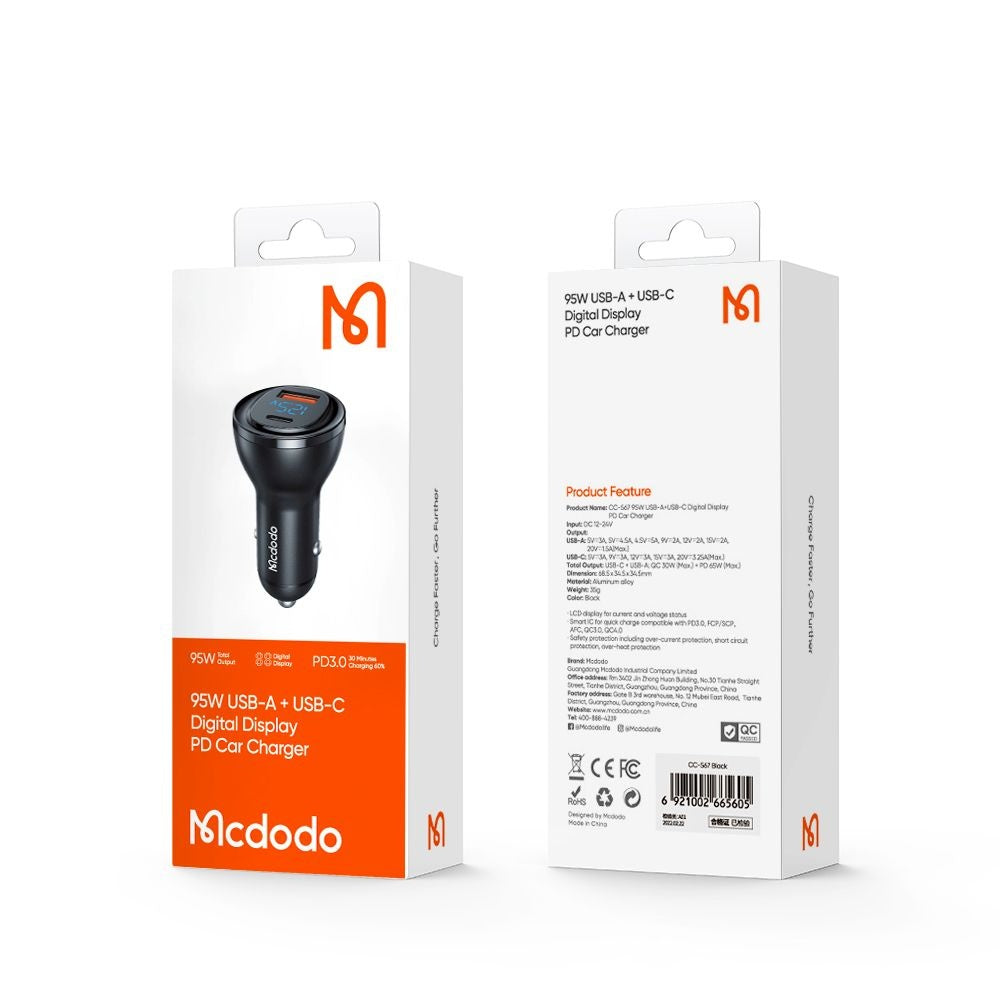 Caricabatterie Auto McDodo CC-5670 Display, 95W, 5A, 1 x USB-A - 1 x USB-C, Nero