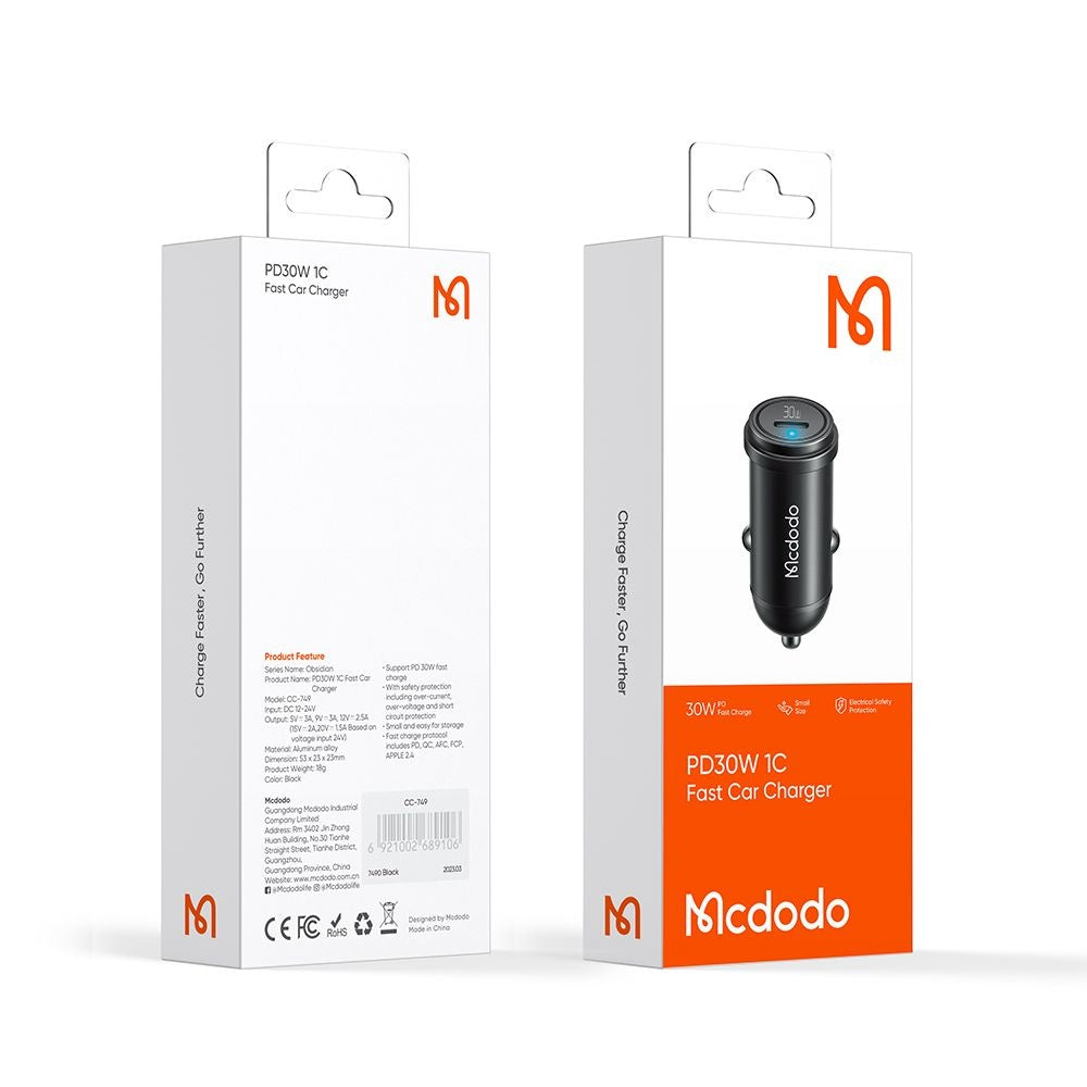 Caricabatterie Auto McDodo CC-7491 Obsidian, 30W, 3A, 1 x USB-C, Nero