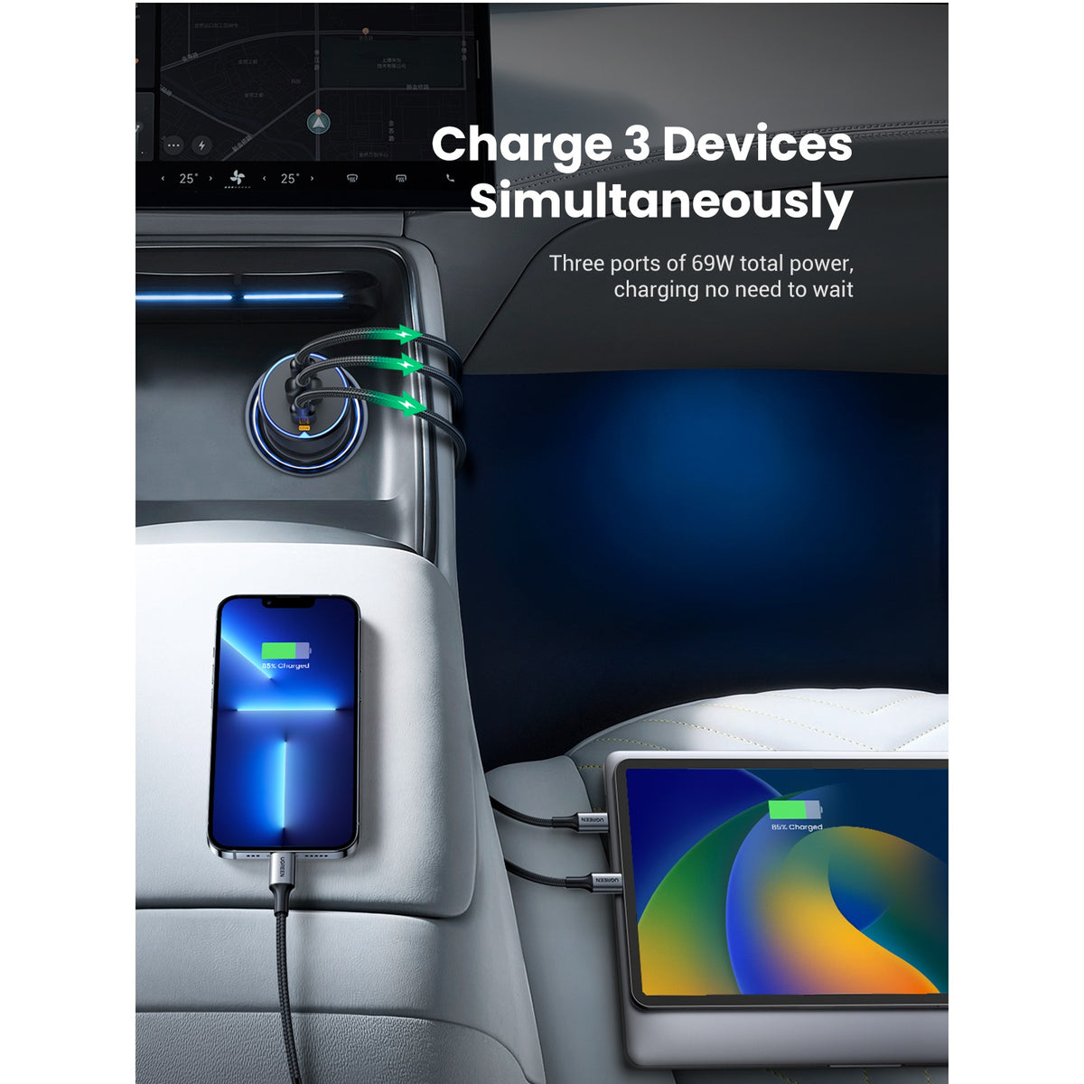 Caricabatterie Auto UGREEN EC703, 75W, 3.25A, 1 x USB-A - 2 x USB-C, Nero